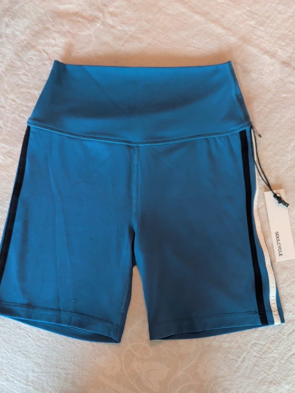 NWT Soulcycle teal-blue high-waist bike shorts with side stripes